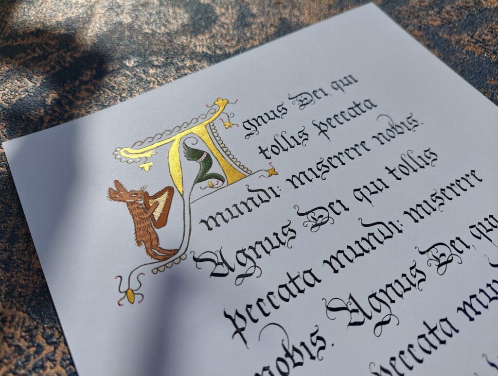 Agnus Dei tekst łaciński kaligrafia, Agnus Dei, qui tollis peccata mundi, kaligrafia Wieliczka, polish calligraphy